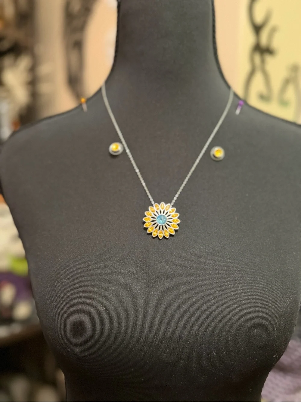 Touchstone Crystal Sunflower Necklace with yellow stud earrings
